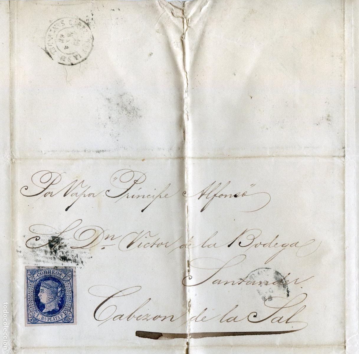 Sellos: Carta circulada de La Habana a Cabez&oacute;n de la Sal en 1865, por vapor Pr&iacute;ncipe Alfonso