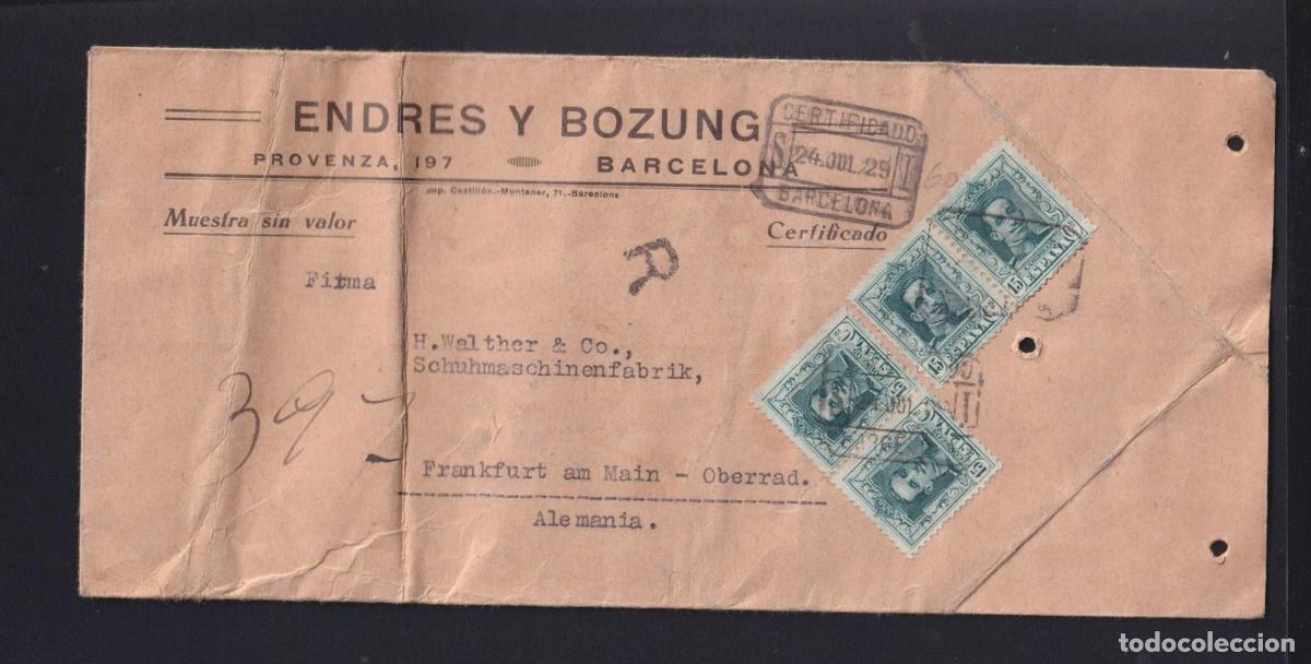 Sellos: BARCELONA A ALEMANIA ALFONSO XIII VAQUER MUESTRAS SIN VALOR 1929 CERTIFICADO