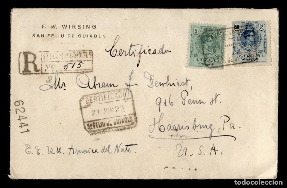 Sellos: SAN FELIU DE GUIXOLS GERONA A USA CERTIFICADA 1923 ALFONSO XIII MEDALLON AL DORSO VI&Ntilde;ETAS
