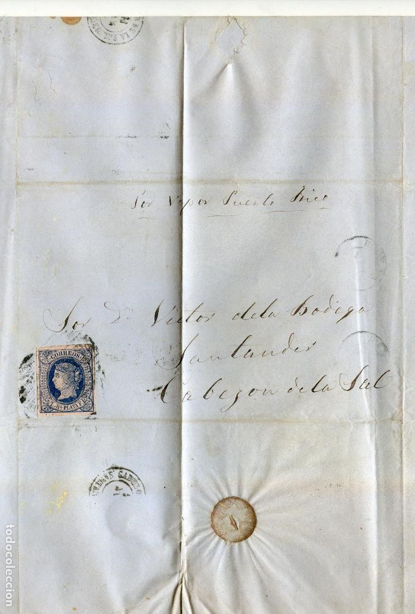 Sellos: Carta circulada de La Habana a Cabez&oacute;n de la Sal en 1865, por vapor Puerto Rico