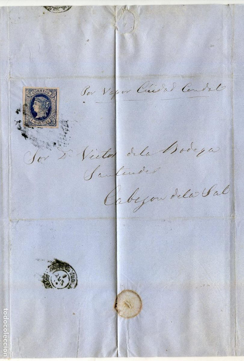 Sellos: Carta circulada de La Habana a Cabez&oacute;n de la Sal en 1865, por vapor Ciudad Condal