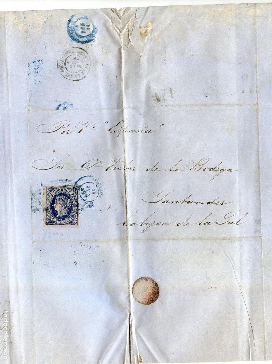 Sellos: Carta circulada de La Habana a Cabez&oacute;n de la Sal en 1865, por vapor Espa&ntilde;a