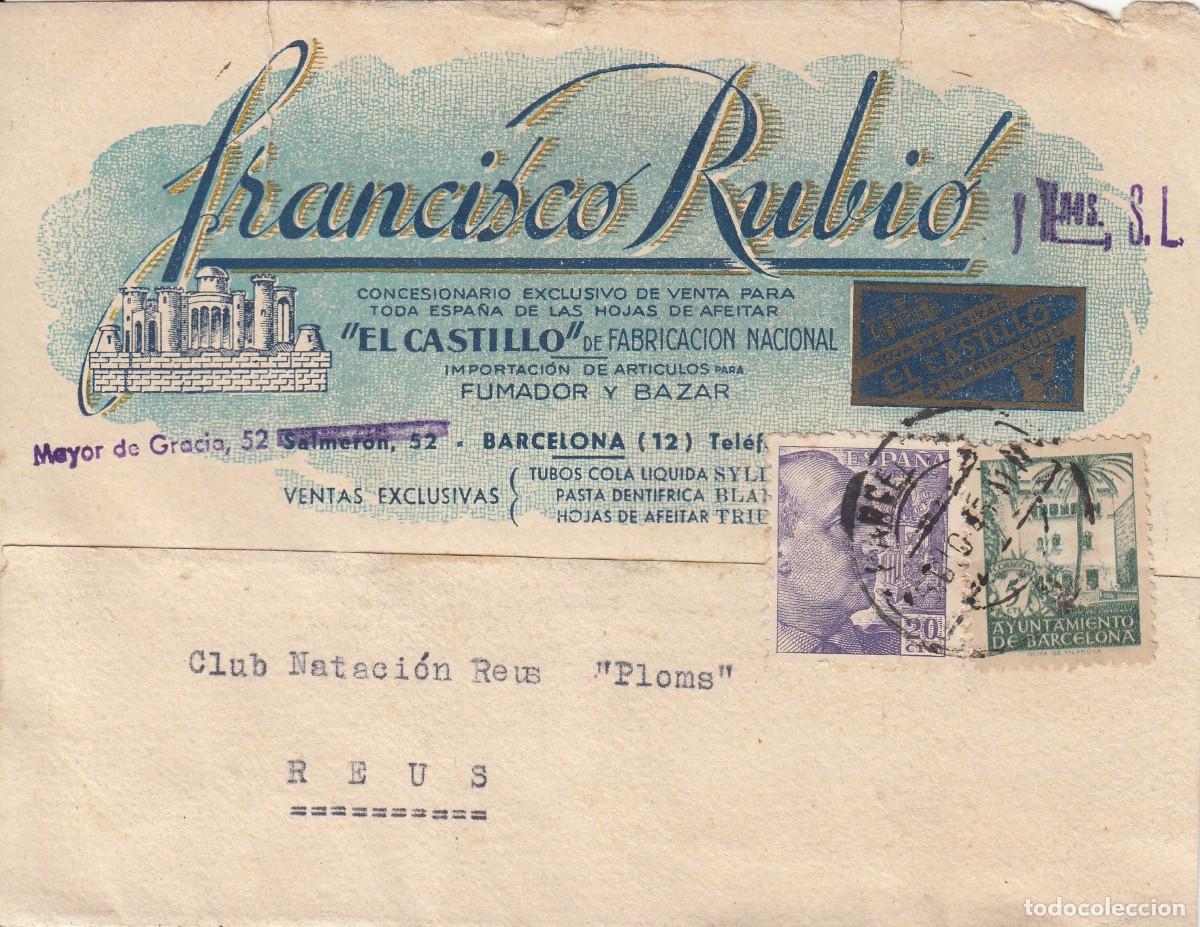 Sellos: TARJETA COMERCIAL DE FRANCISCO RUBI&Oacute; - HOJAS DE AFEITAR EL CASTILLO - BARCELONA - 1945