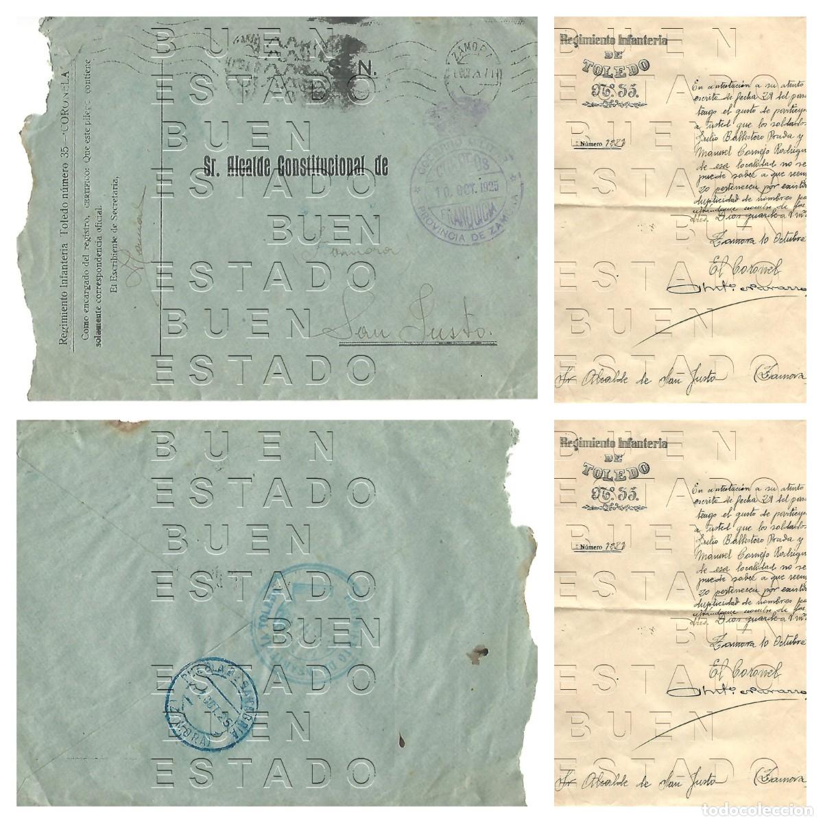 Sellos: ZAMORA SAN JUSTO REGIMIENTO INFANTERIA TOLEDO 35 1925 CARTA Y SOBRE FRANQUICIA CORREOS M49