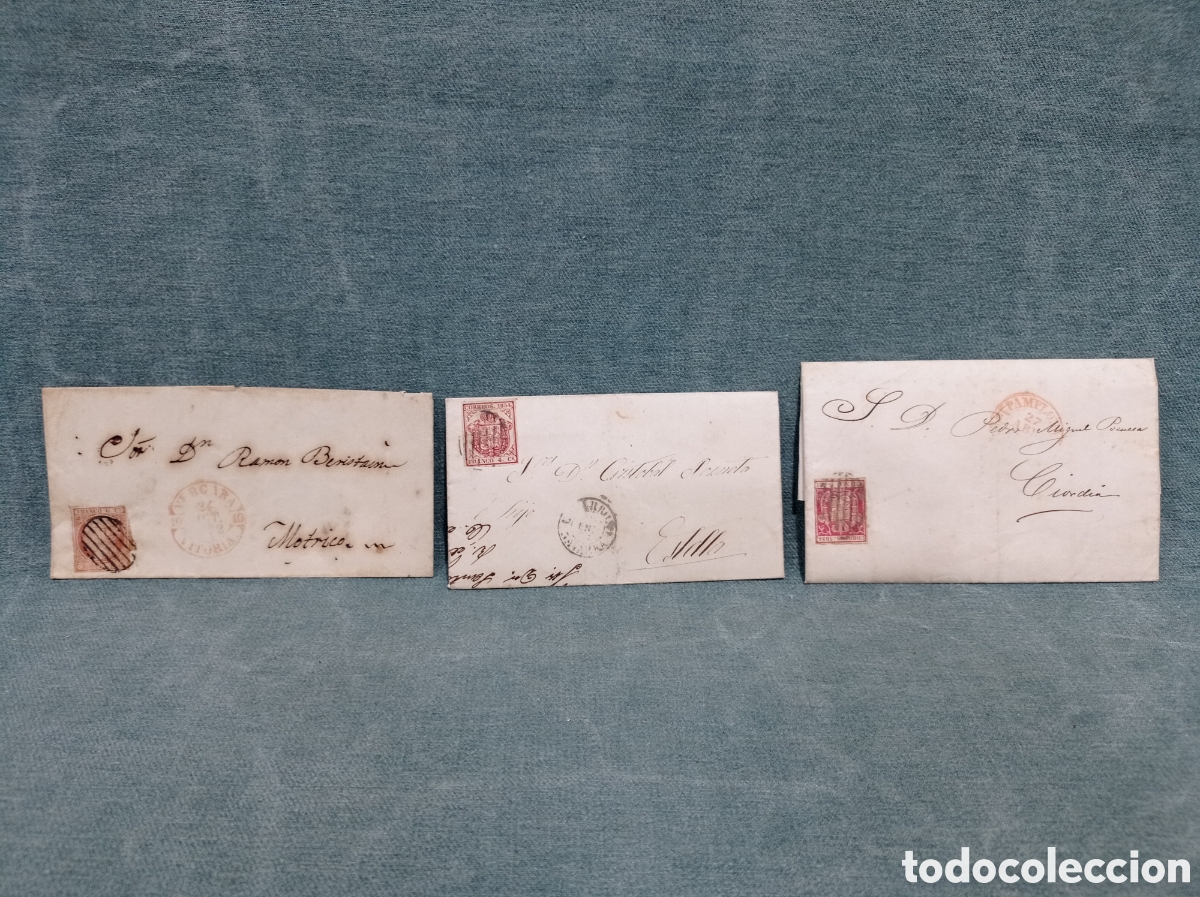 Sellos: ENVUELTA POSTAL - SELLOS DE 1854 - MATASELLOS PAMPLONA VERGARA VITORIA - LOTE DE 3