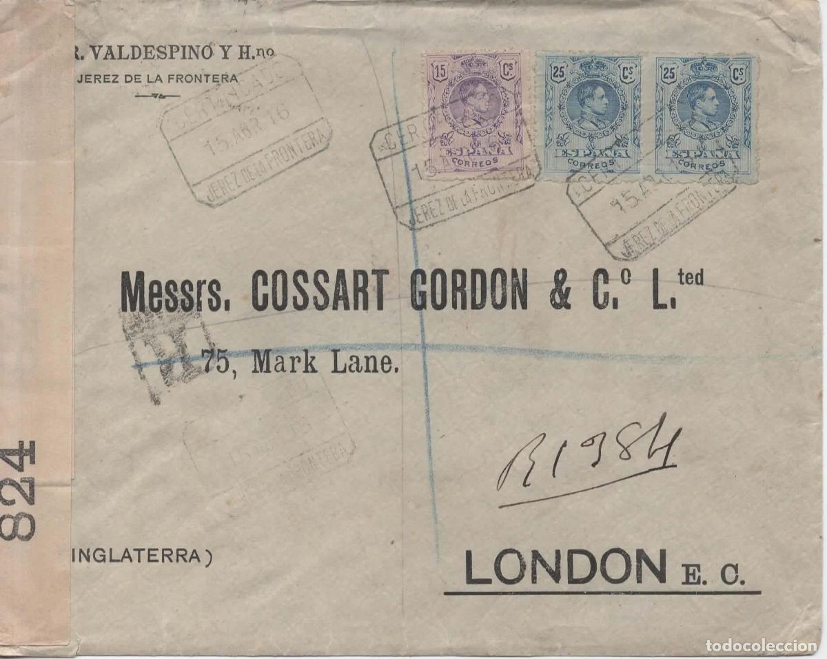 Sellos: JEREZ DE LA FRONTERA CADIZ CC CERTIICADA A LONDRES 1916 ALFONSO XIII MEDALLON CON CENSURA MILITAR
