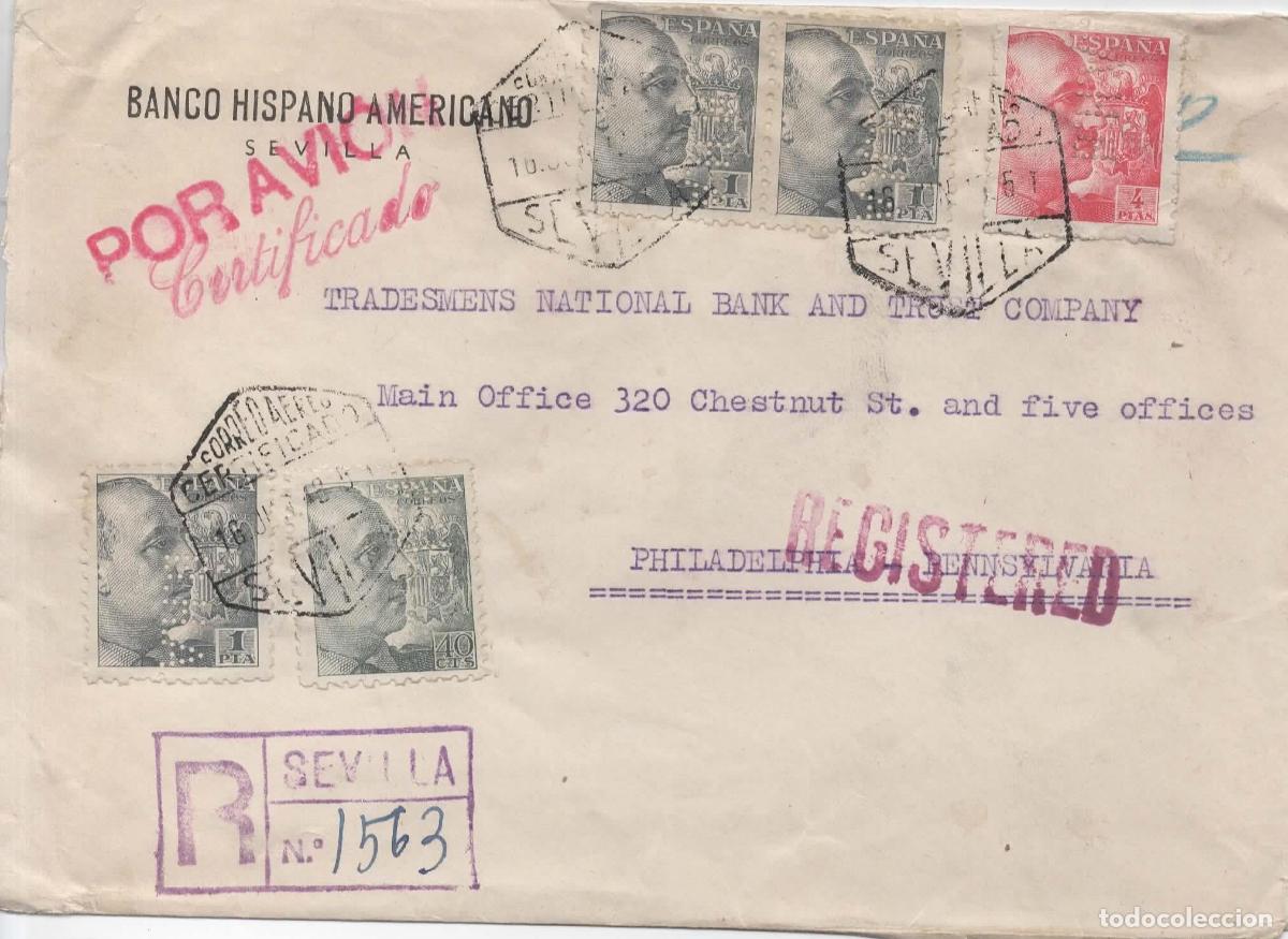 Sellos: SEVILLA A USA AEREA CERTIFICADA SELLOS PERFORADO PERFIN BHA BANCO HISPANO AMERICANO 1948