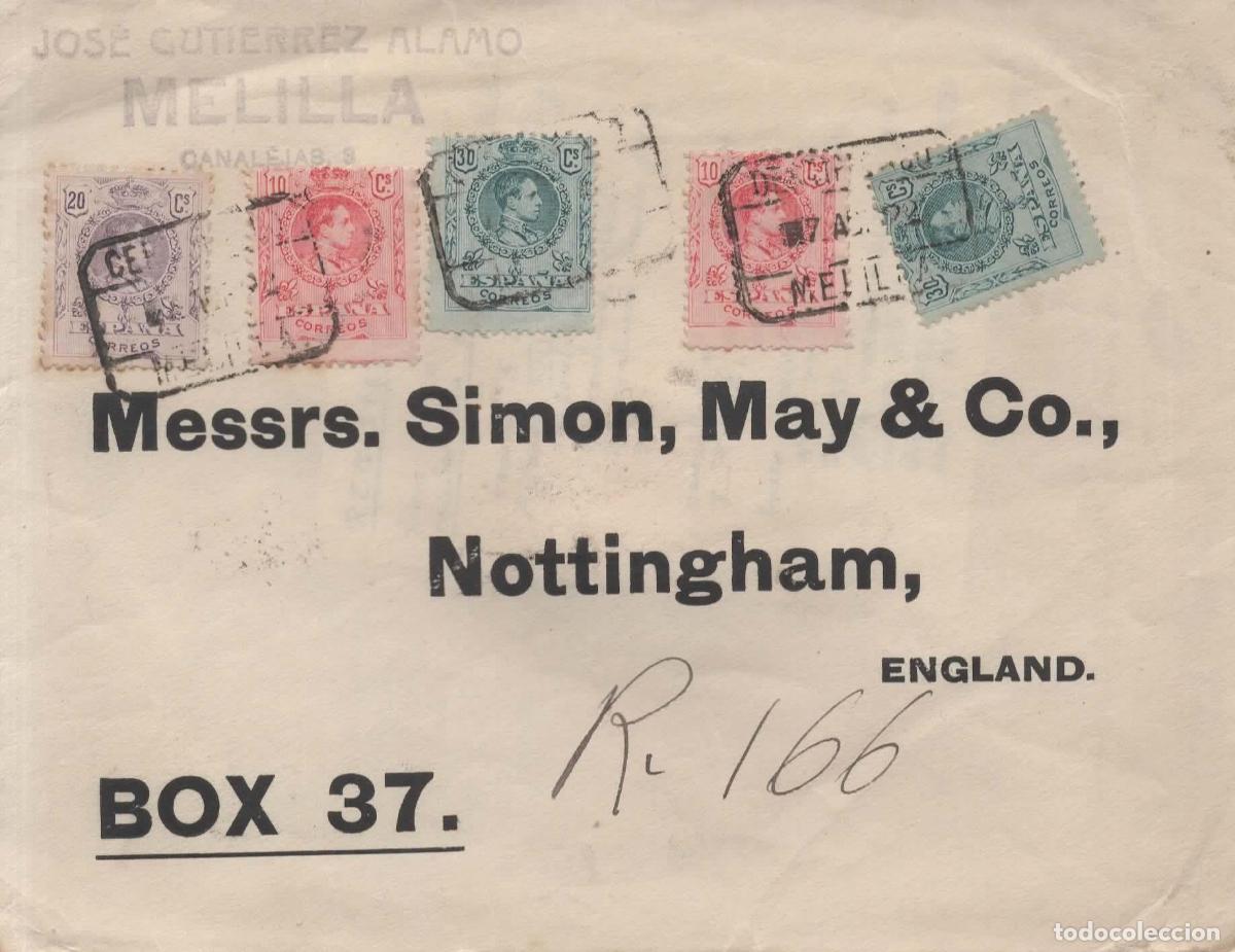 Sellos: MELILLA A INGLATERRA CERTIFICADA 1922 CON TRANSITO POR USA Y LLEGADA A NOTTINGHAM ALFONSO XIII MEDAL