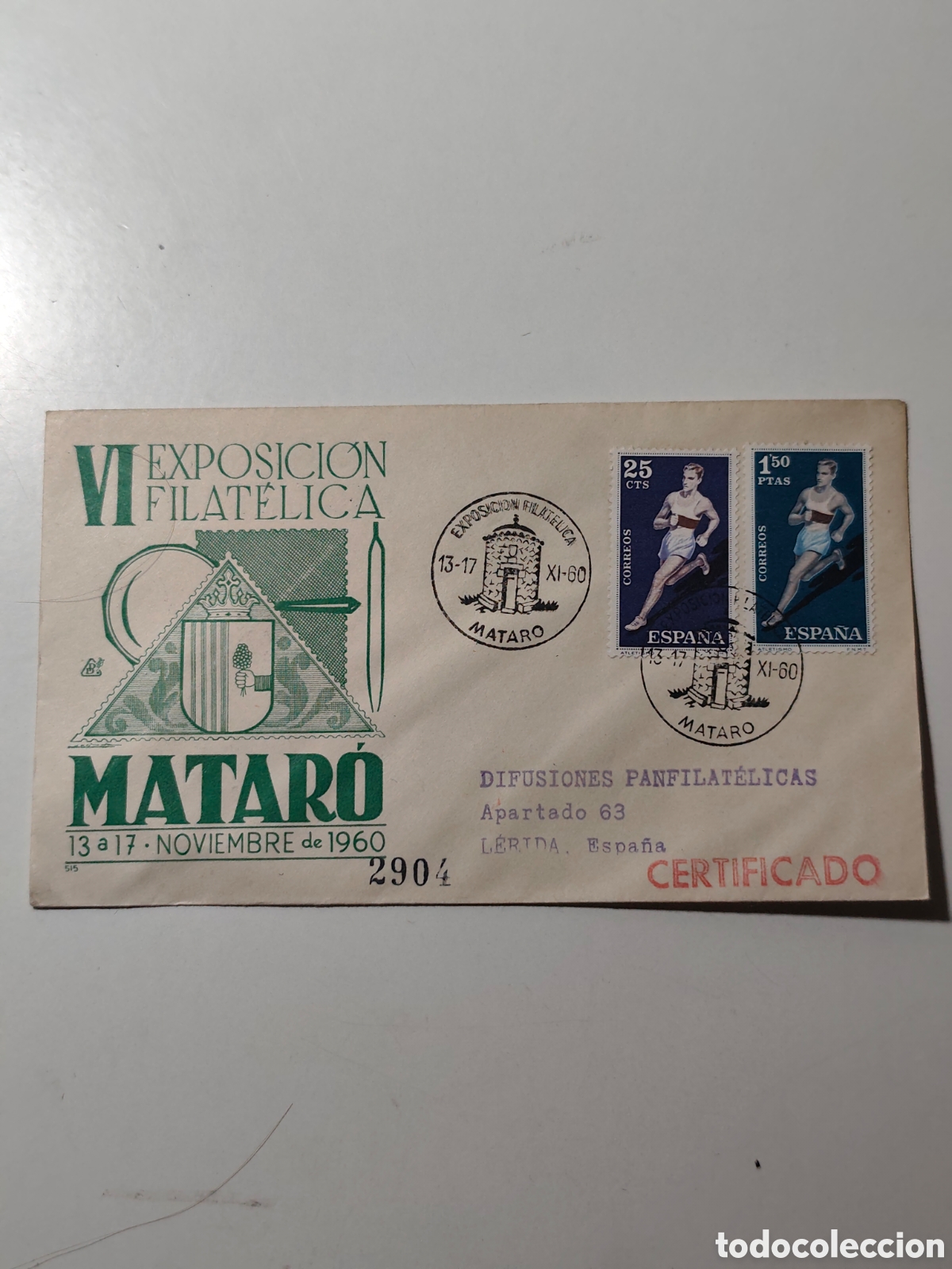 Sellos: A&Ntilde;O 1960, VI EXPOSICION FILATELICA EN MATARO, sobre de Panfilatelicas circulado