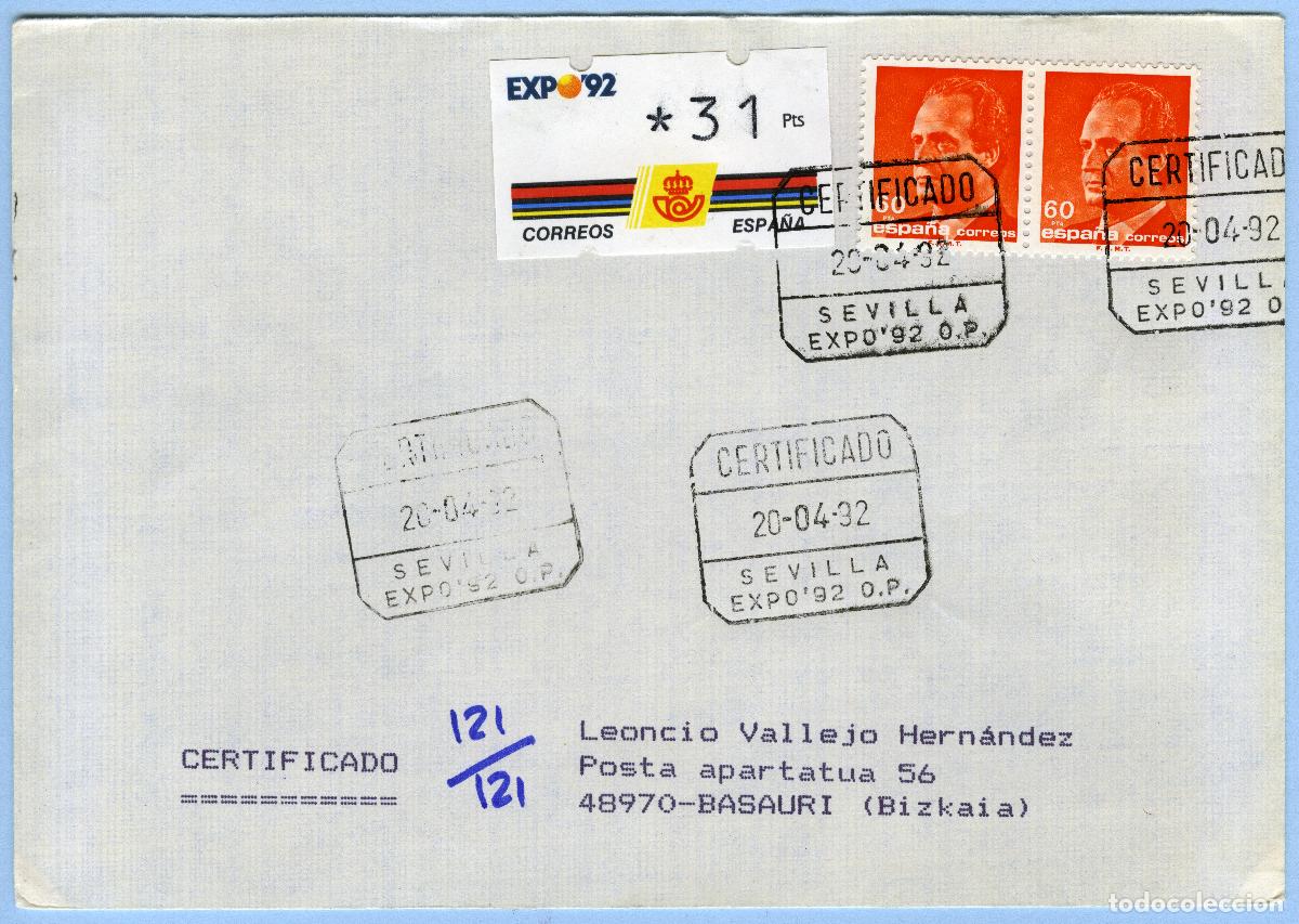 Sellos: EXPO '92 SEVILLA &middot; PRIMER DIA 20/04/1992 &middot; CARTA CERTIFICADA (O.P.) CON ATM 31p. KL&Uuml;SSENDORF #G0035