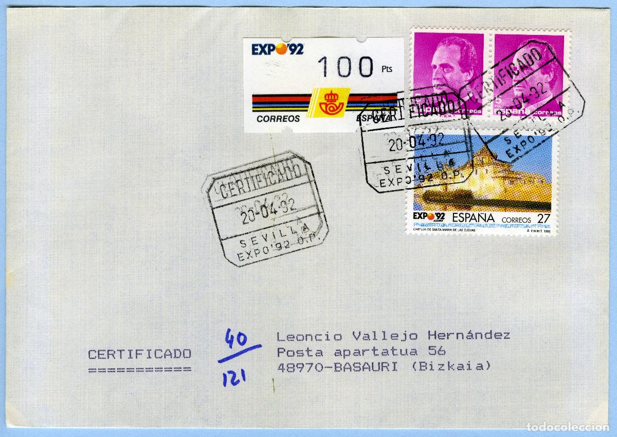 Sellos: EXPO '92 SEVILLA &middot; PRIMER DIA 20/04/1992 &middot; CARTA CERTIFICADA (O.P.) CON ATM 100p KL&Uuml;SSENDORF #G0037
