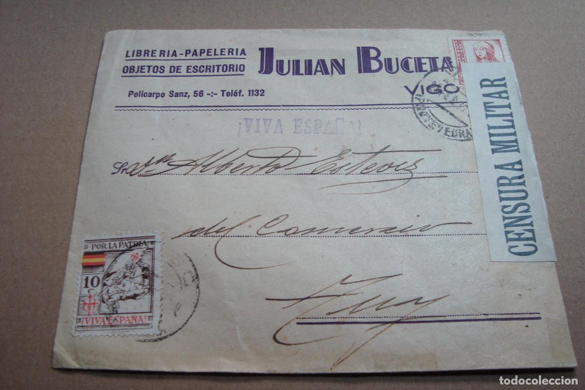 Sellos: ANTIGUO SOBRE COMERCIAL JULIAN BUCETA. LIBRERIA PAPELERIA.VIGO TUY CENSURA MILITAR GUERRA CIVIL 1937