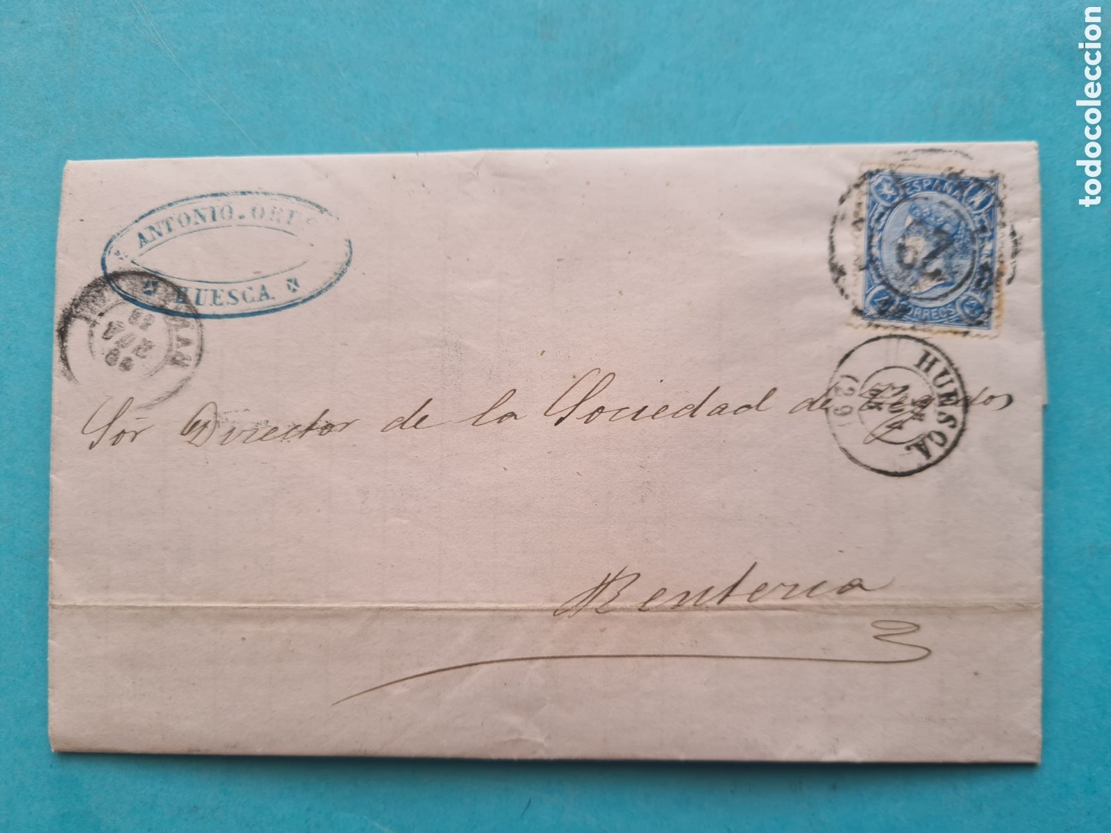 Sellos: CARTA COMPLETA EDIFIL 75 CON R. DE C. 29 + FECHADOR HUESCA 1865 REV. FECH. BARCELONA Y S. SEBASTIAN