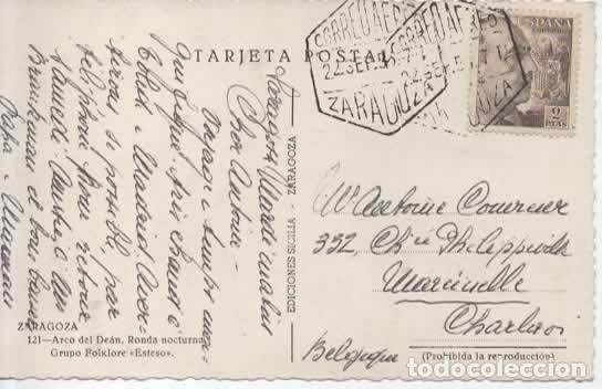 Sellos: ZARAGOZA POSTAL 1956 CON MAT HEXAGONAL AEREO