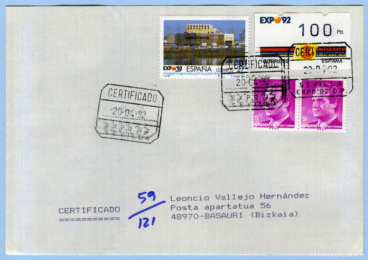 Sellos: EXPO '92 SEVILLA &middot; PRIMER DIA 20/04/1992 &middot; CARTA CERTIFICADA (O.P.) CON ATM 100p KL&Uuml;SSENDORF #G0064