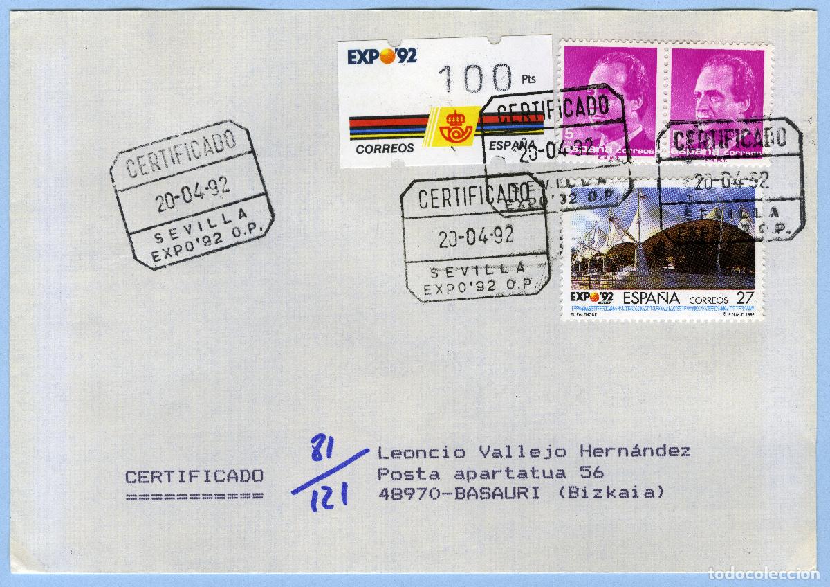 Sellos: EXPO '92 SEVILLA &middot; PRIMER DIA 20/04/1992 &middot; CARTA CERTIFICADA (O.P.) CON ATM 100p KL&Uuml;SSENDORF #G0066