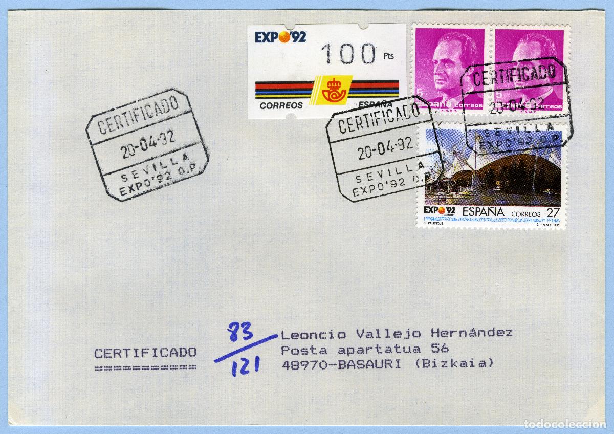 Sellos: EXPO '92 SEVILLA &middot; PRIMER DIA 20/04/1992 &middot; CARTA CERTIFICADA (O.P.) CON ATM 100p KL&Uuml;SSENDORF #G0067