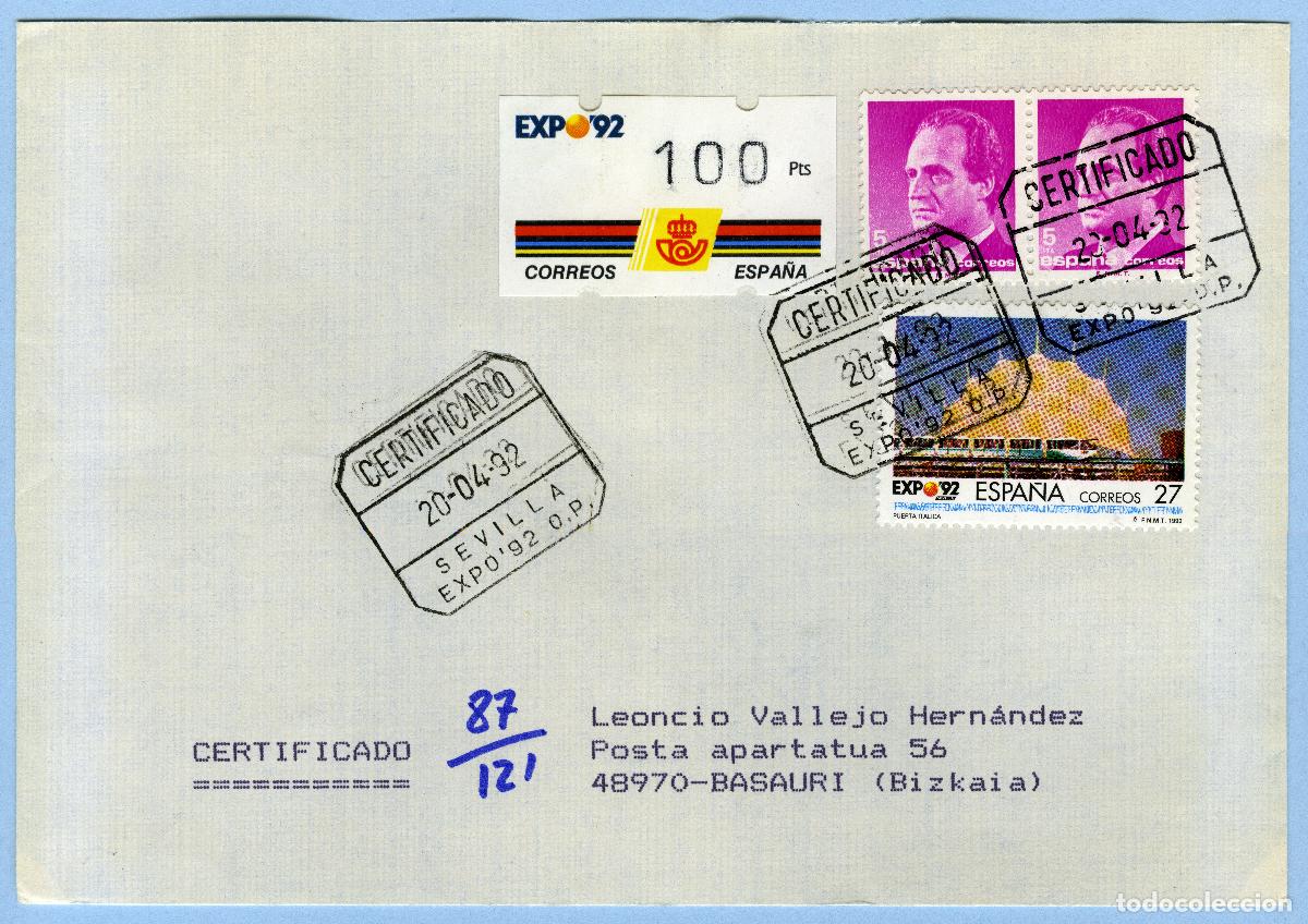 Sellos: EXPO '92 SEVILLA &middot; PRIMER DIA 20/04/1992 &middot; CARTA CERTIFICADA (O.P.) CON ATM 100p KL&Uuml;SSENDORF #G0068