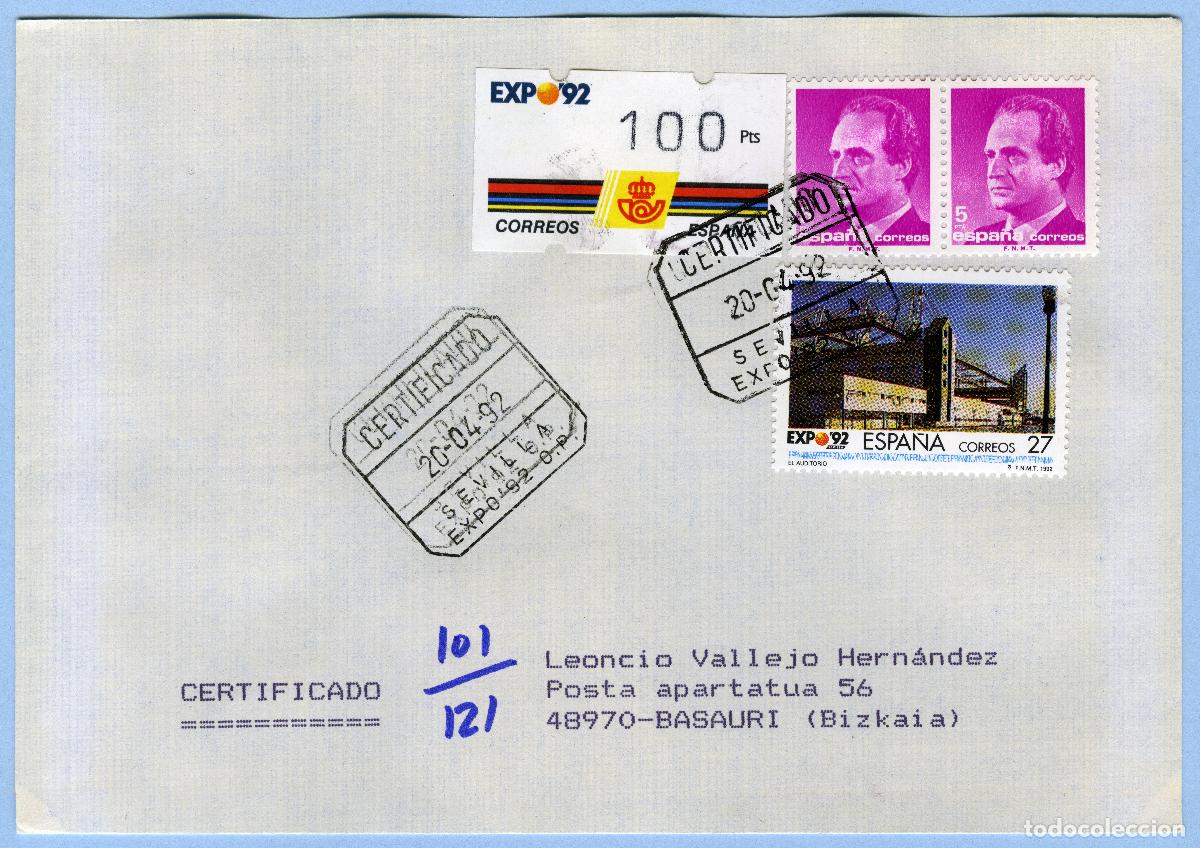 Sellos: EXPO '92 SEVILLA &middot; PRIMER DIA 20/04/1992 &middot; CARTA CERTIFICADA (O.P.) CON ATM 100p KL&Uuml;SSENDORF #G0069