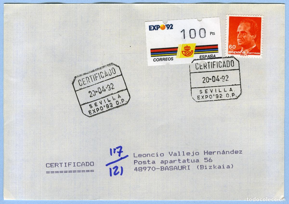 Sellos: EXPO '92 SEVILLA &middot; PRIMER DIA 20/04/1992 &middot; CARTA CERTIFICADA (O.P.) CON ATM 100p KL&Uuml;SSENDORF #G0070