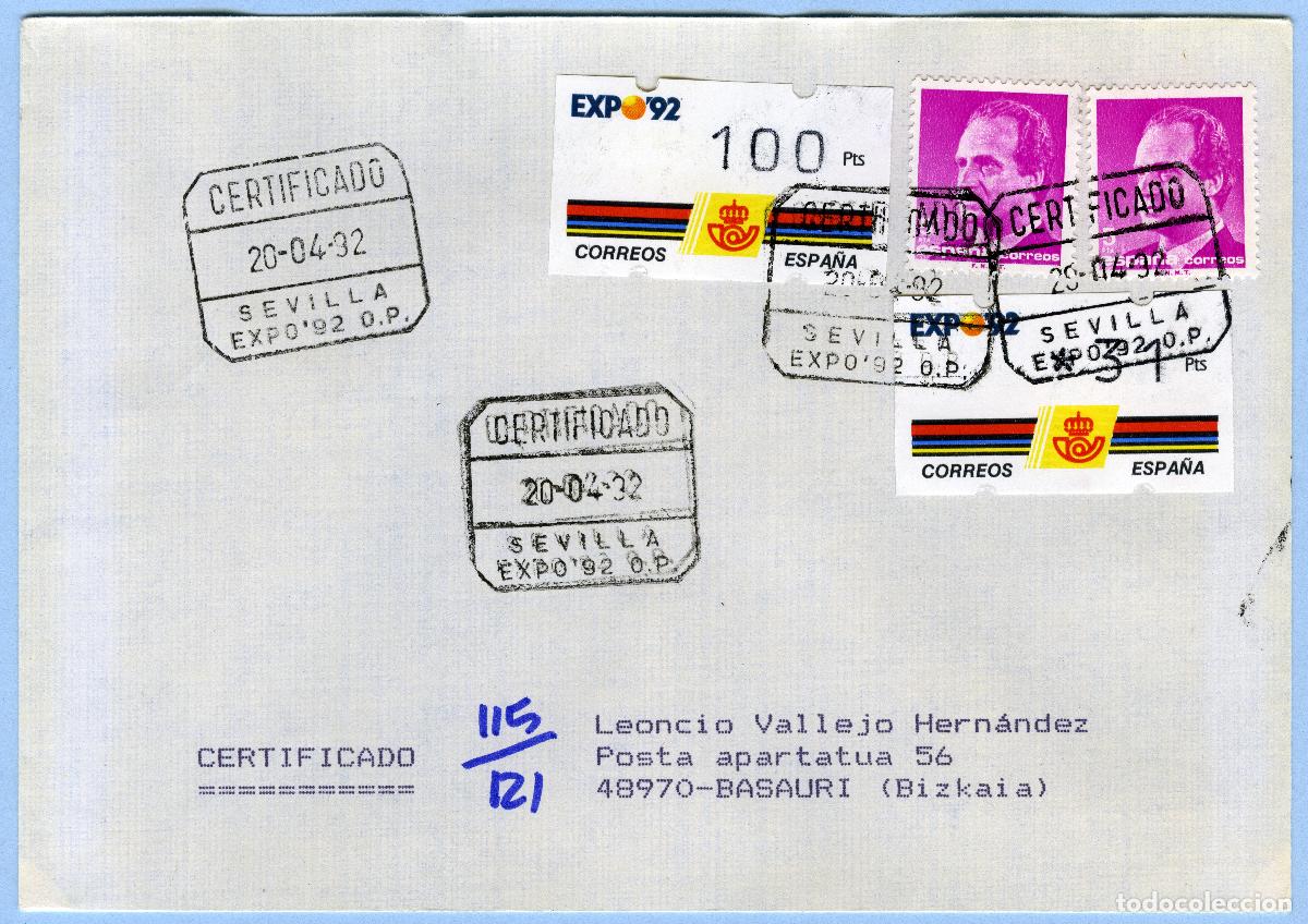 Timbres: EXPO '92 SEVILLA &middot; PRIMER DIA 20/04/1992 &middot; CARTA CERTIFICADA (O.P.) ATMs 100p+31p KL&Uuml;SSENDORF #G0074