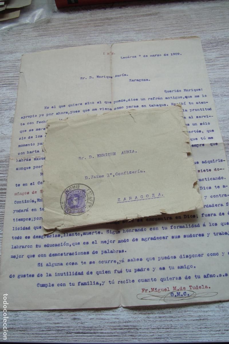 Sellos: ANTIGUO SOBRE CIRCULADO CARTA MIGUEL MARIA DE TUDELA EN LECAROZ. MATASELLO IRUN 1909. ENRIQUE AURIA