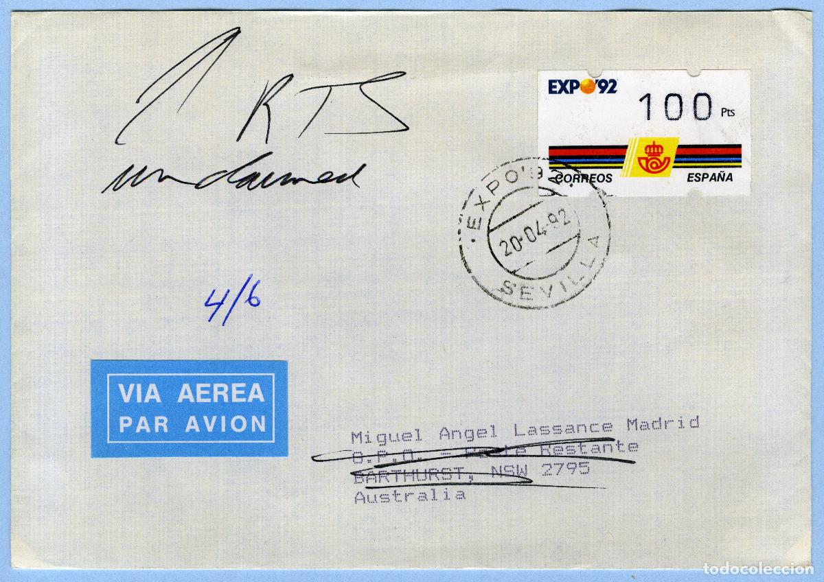 Sellos: EXPO '92 SEVILLA &middot; PRIMER DIA 20/04/1992 &middot; ATM 100p KL&Uuml;SSENDORF CON RECIBO &middot; CARTA AUSTRALIA #G0075