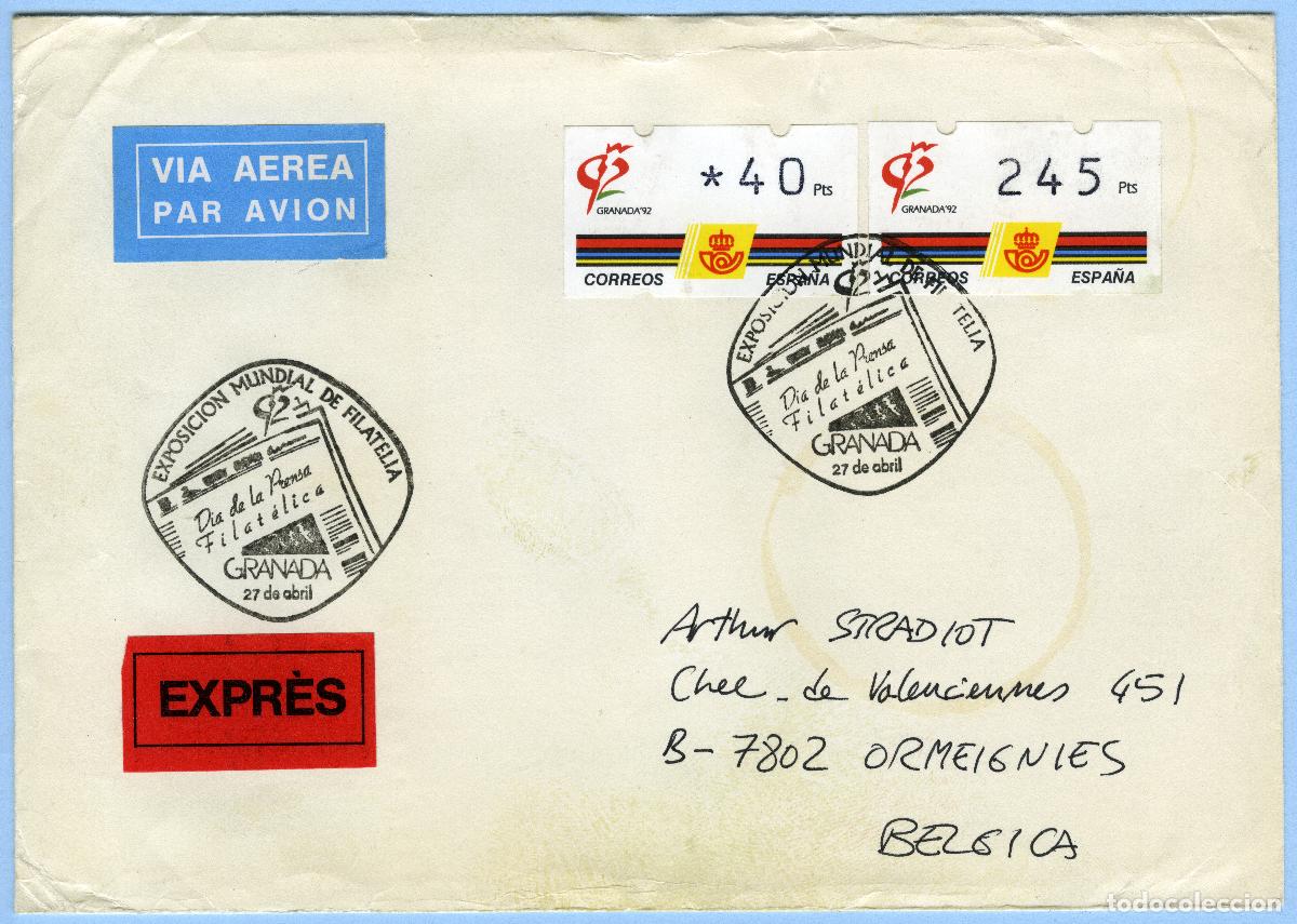 Sellos: ESPA&Ntilde;A 1992 &middot; ATM KL&Uuml;SSENDORF GRANADA'92 40+245p MAT ESPECIAL 27-ABRIL PRENSA, CORREO URGENTE #G0014