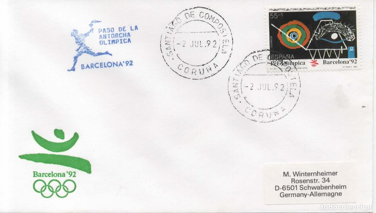 Sellos: JUEGOS OLIMPICOS DE BARCELONA 92 PASO DE LA ANTORCHA OLIMPICA OLYMPIC TORCH SANTIAGO CORU&Ntilde;A
