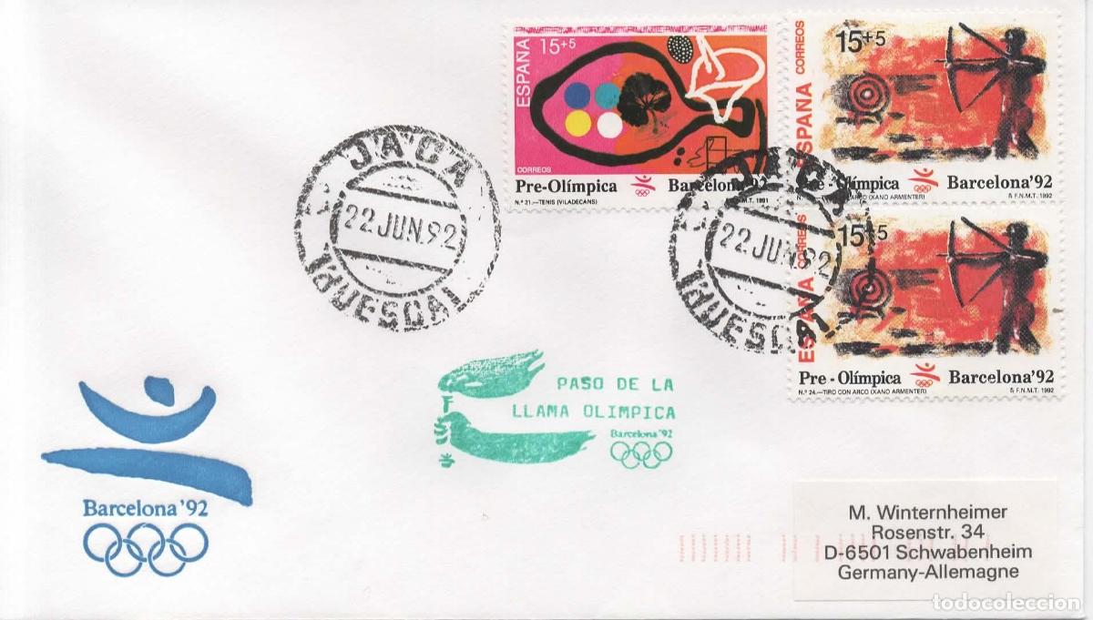 Sellos: JUEGOS OLIMPICOS DE BARCELONA 92 PASO DE LA ANTORCHA OLIMPICA OLYMPIC TORCH JACA HUESCA