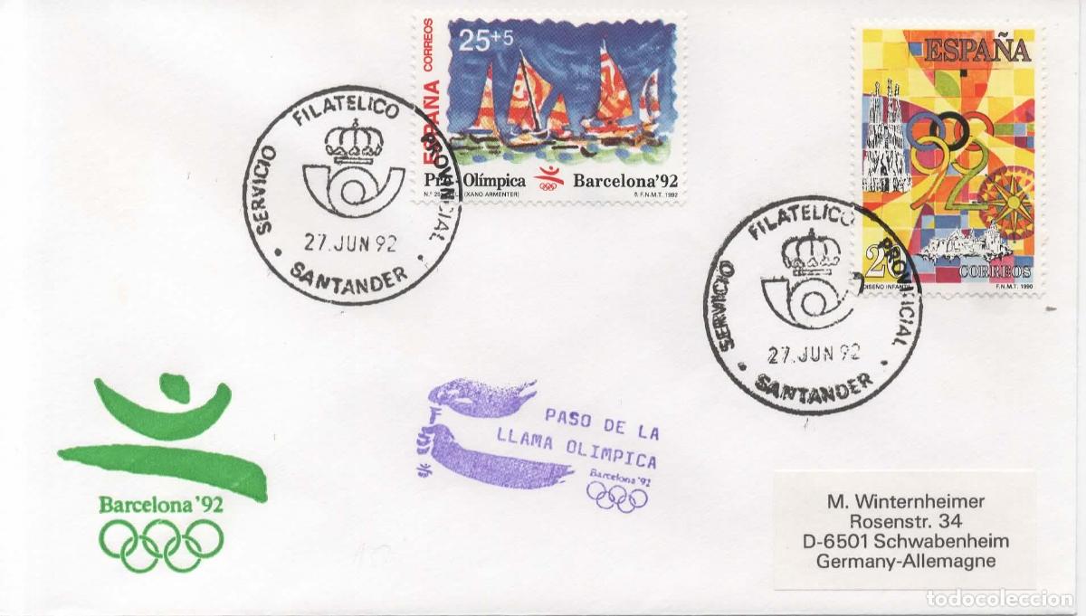 Sellos: JUEGOS OLIMPICOS DE BARCELONA 92 PASO DE LA ANTORCHA OLIMPICA OLYMPIC TORCH SANTANDER