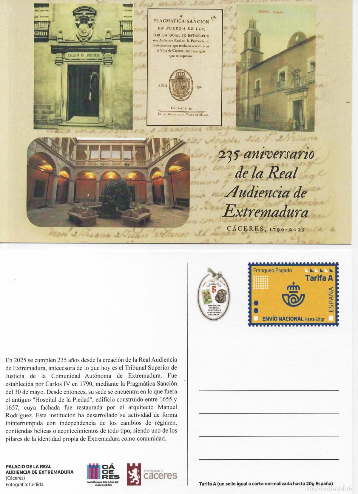 Sellos: ENTERO POSTAL CACERES 235 ANIVERSARIO DE LA REAL AUDIENCIA DE EXTREMADURA LEY LAW