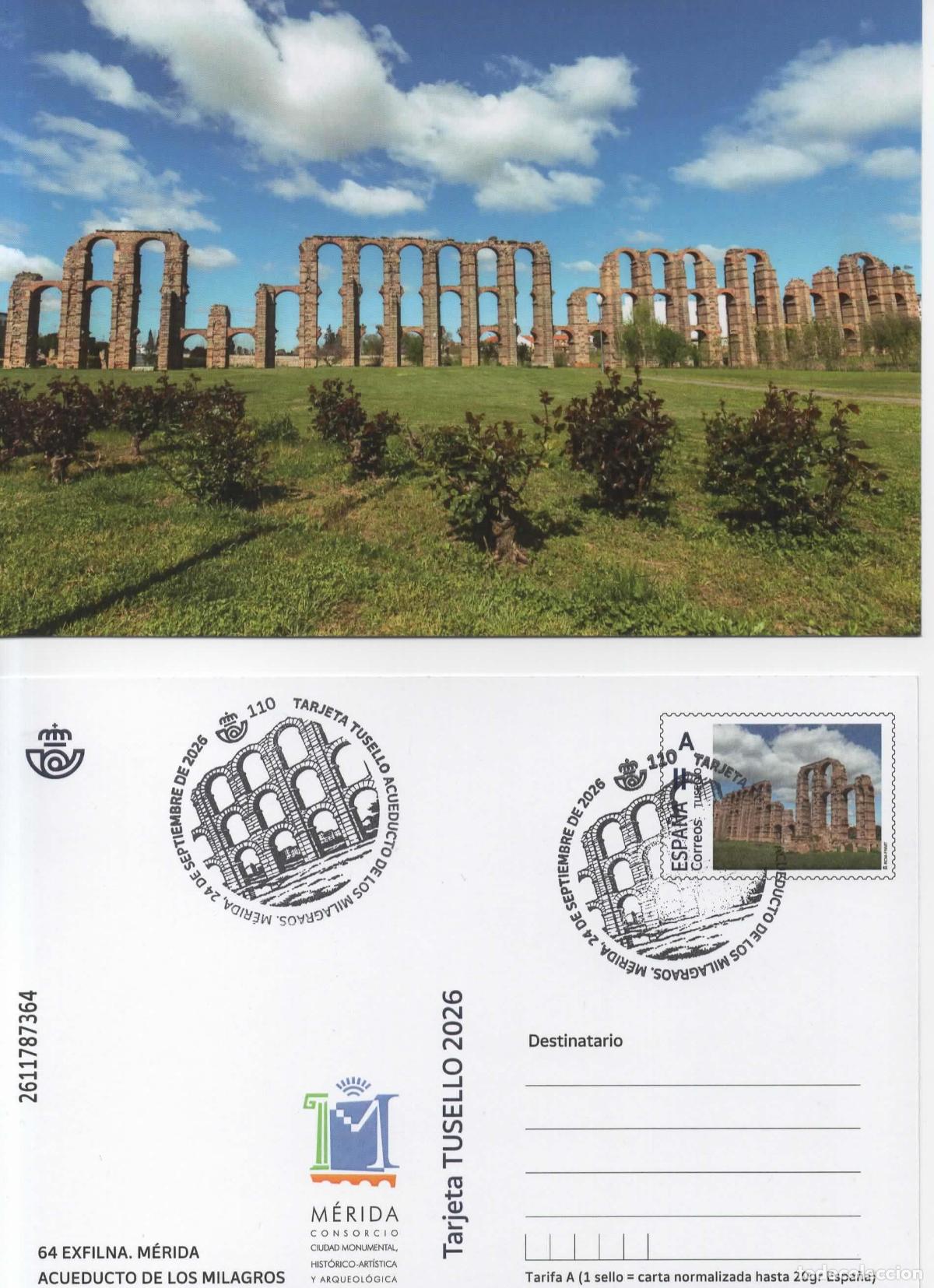 Sellos: ENTERO POSTAL MERIDA ACUEDUCTO ROMANO DE LOS MILAGROS AGUA AQUEDUCT CON MATASELLO ESPECIAL