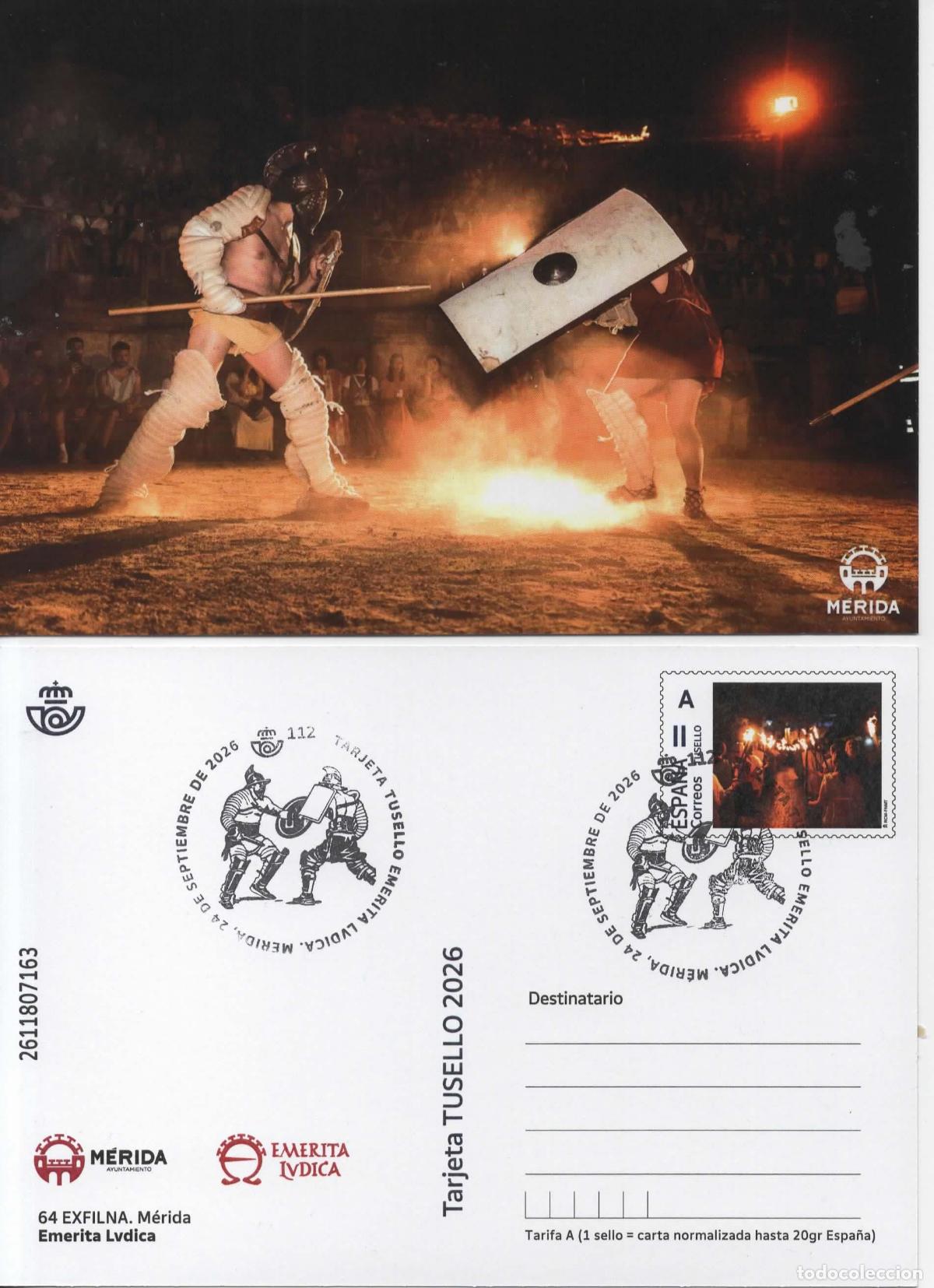 Sellos: ENTERO POSTAL MERIDA BADAJOZ EMERITA LUDICA LUCHA GLADIDORES GLADIATORS CON MAT ESPECIAL