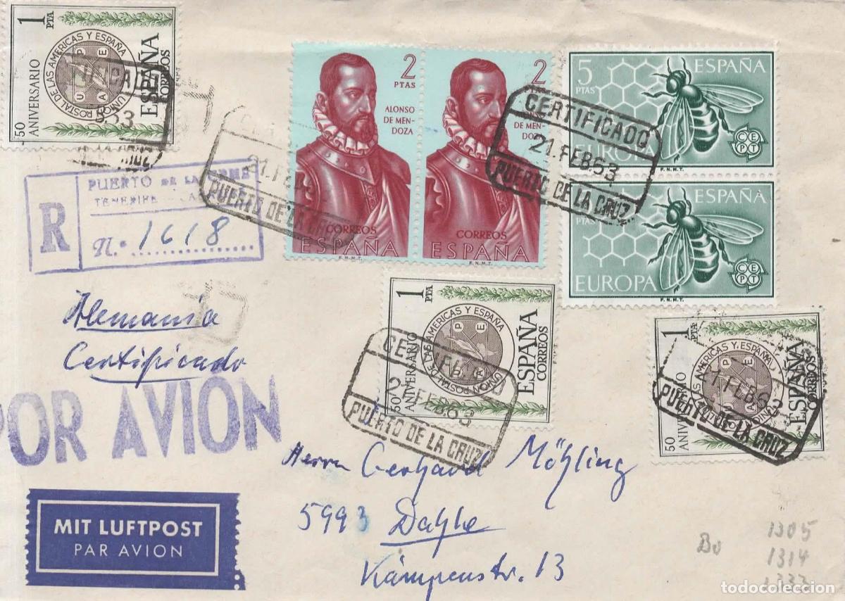 Sellos: PUERTO DE LA CRUZ TENERIFE CC CERTIFICADA SELLOS ABEJA BEE FORJADORES ALONSO MENDOZA 1963