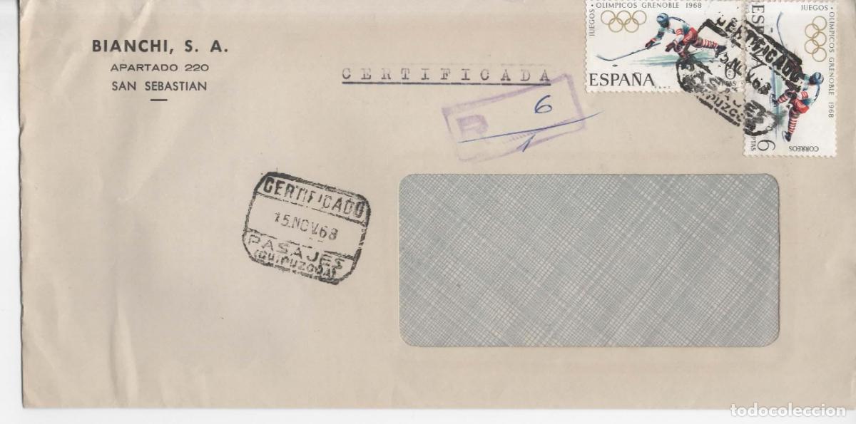 Sellos: PASAJES GUIPUZCOA CERTIFICADA SELLOS HOCKEY HIELO JUEGOS OLIMPICOS GRENOBLE 1968