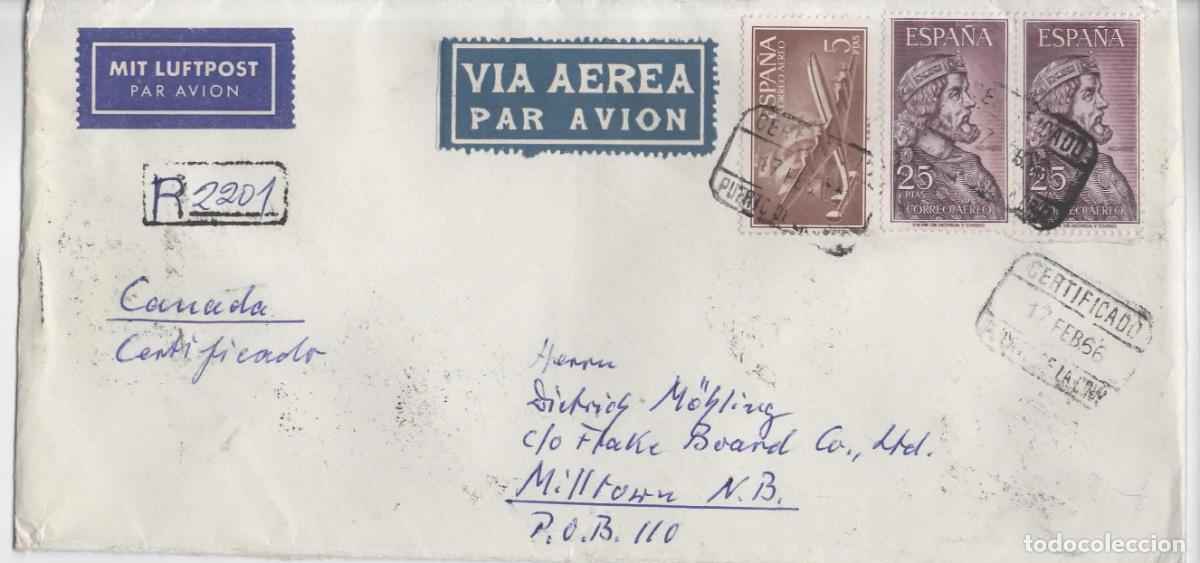 Sellos: PUERTO DE LA CRUZ TENERIFE CERTIFICADA AEREA 1966 SELLO RECAREDO AVION CARABELA