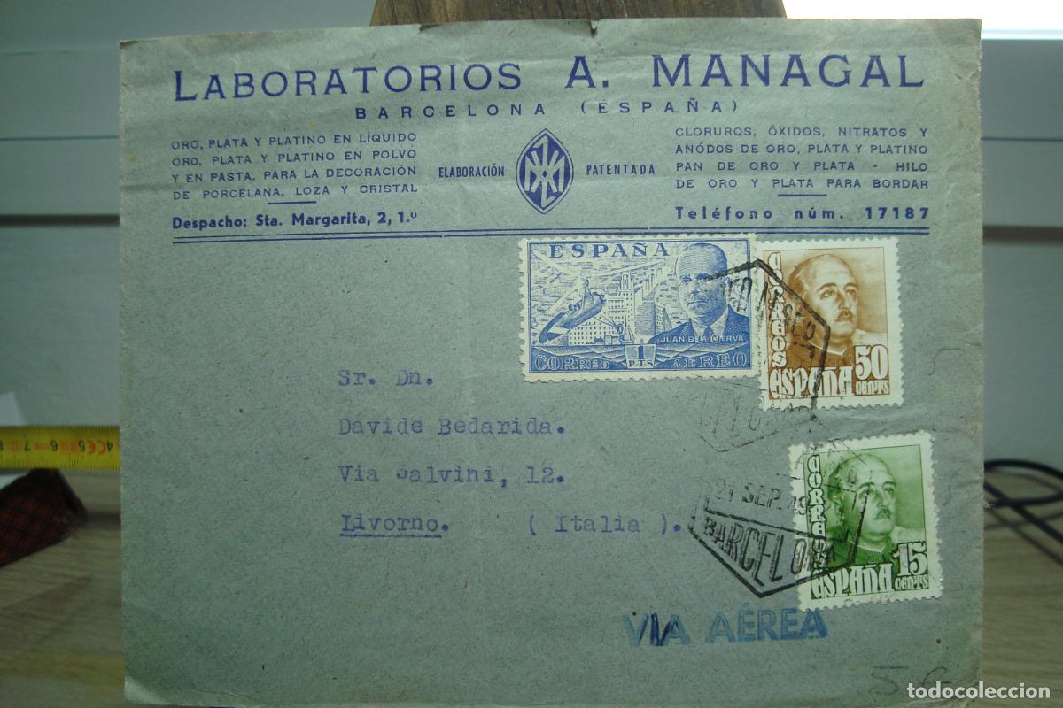 Sellos: ANTIGUO SOBRE COMERCIAL LABORATORIOS A. MANACAL. BARCELONA 1949?