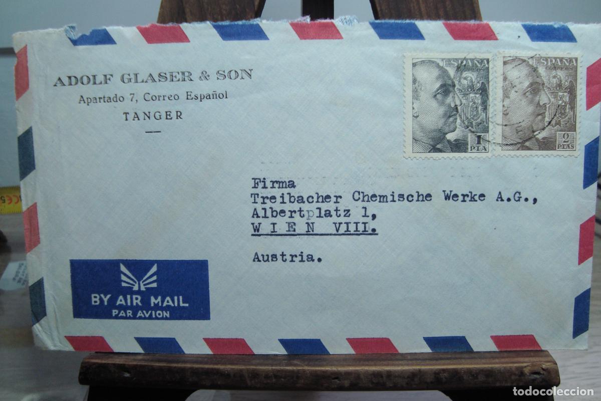 Sellos: ANTIGUO SOBRE CIRCULADO ADOLF GLASER & SON. CORREO ESPA&Ntilde;OL. TANGER 1953.