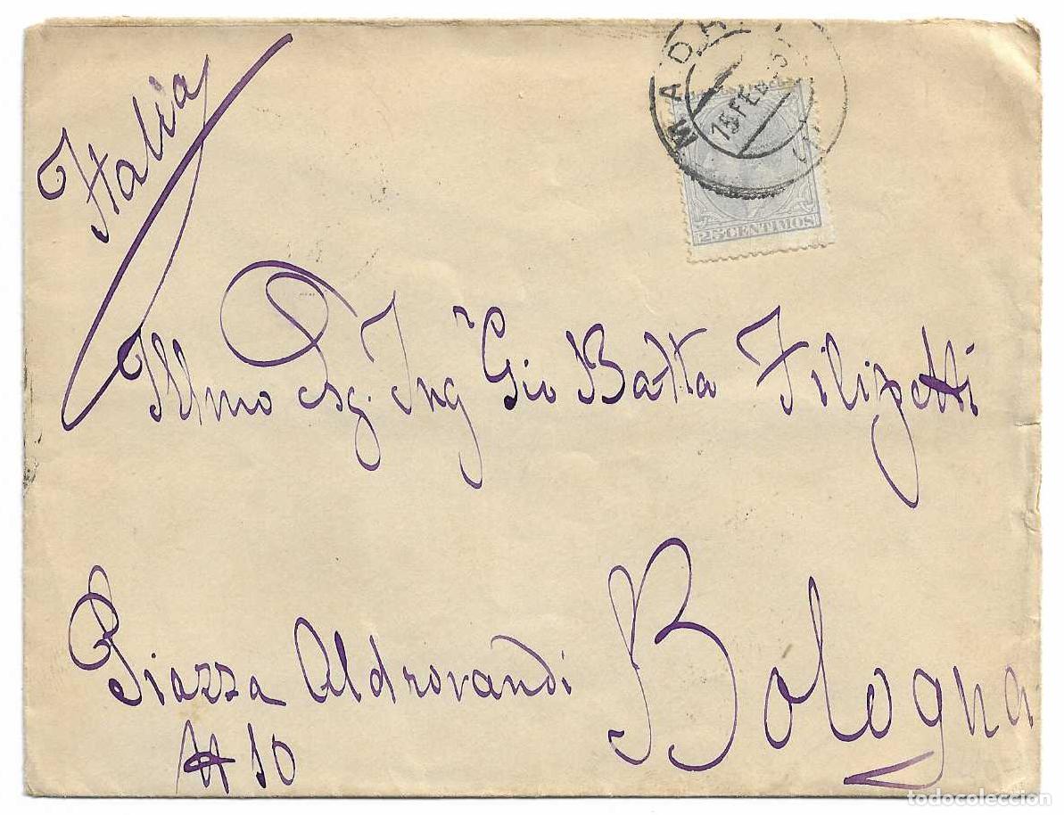 Sellos: ALFONSO XII (EDIFIL 204) EN CARTA CIRCULADA 1879 MADRID A BOLONIA (ITALIA) MATASELLOS LLEGADA RARO