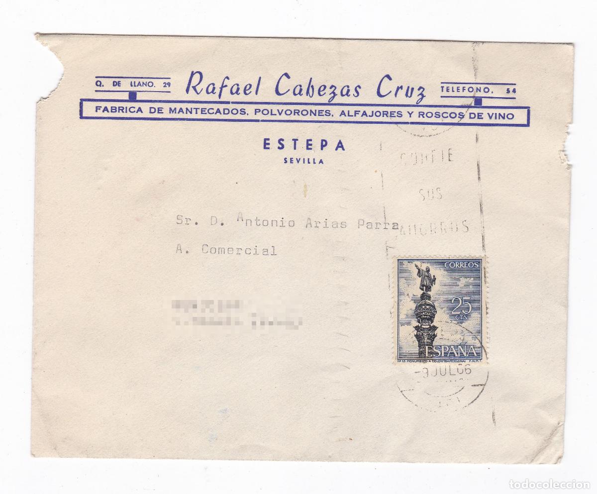 Timbres: Fabrica mantecados Estepa. Rafael Cabezas Cruz. Antiguo sobre circulado con membrete a&ntilde;o 1966