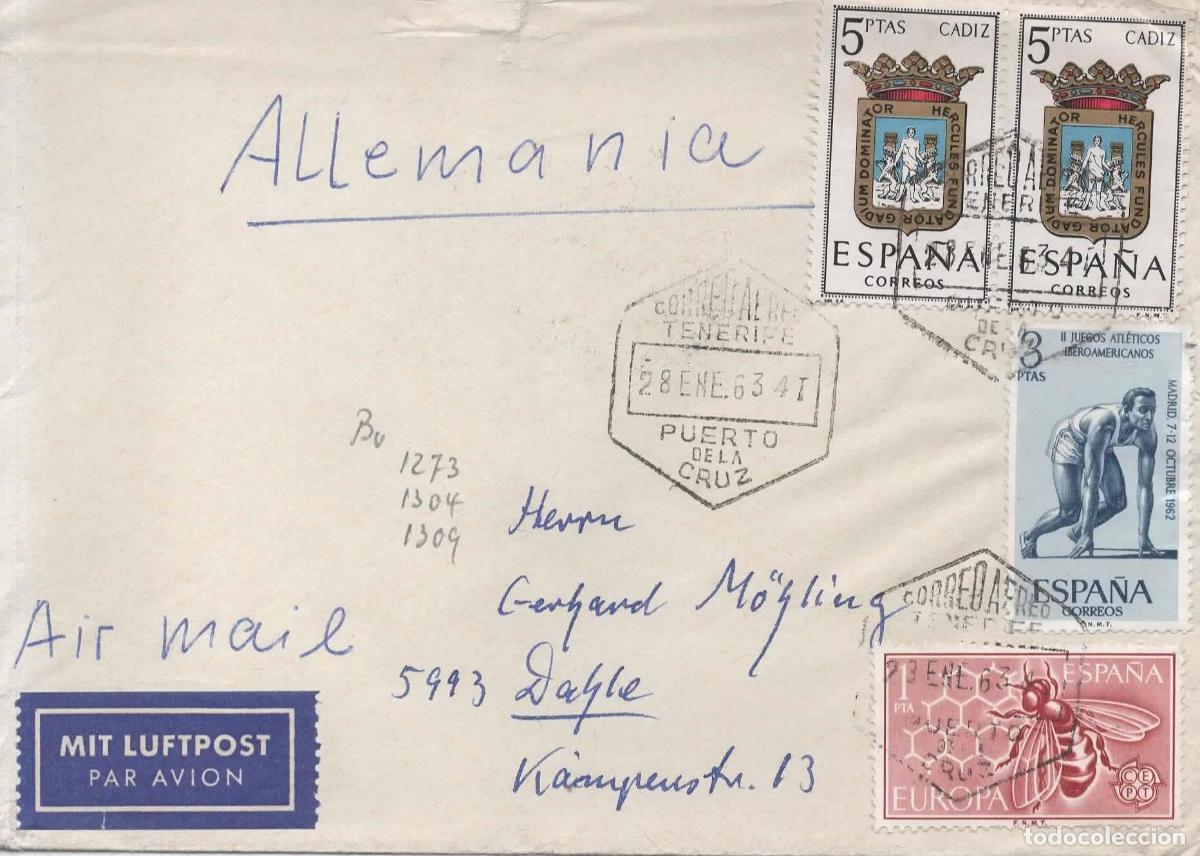 Sellos: PUERTO DE LA CRUZ TENERIFE CC MAT HEXAGONAL AEREO 1963 ESCUDO CADIZ ABEJA BEE