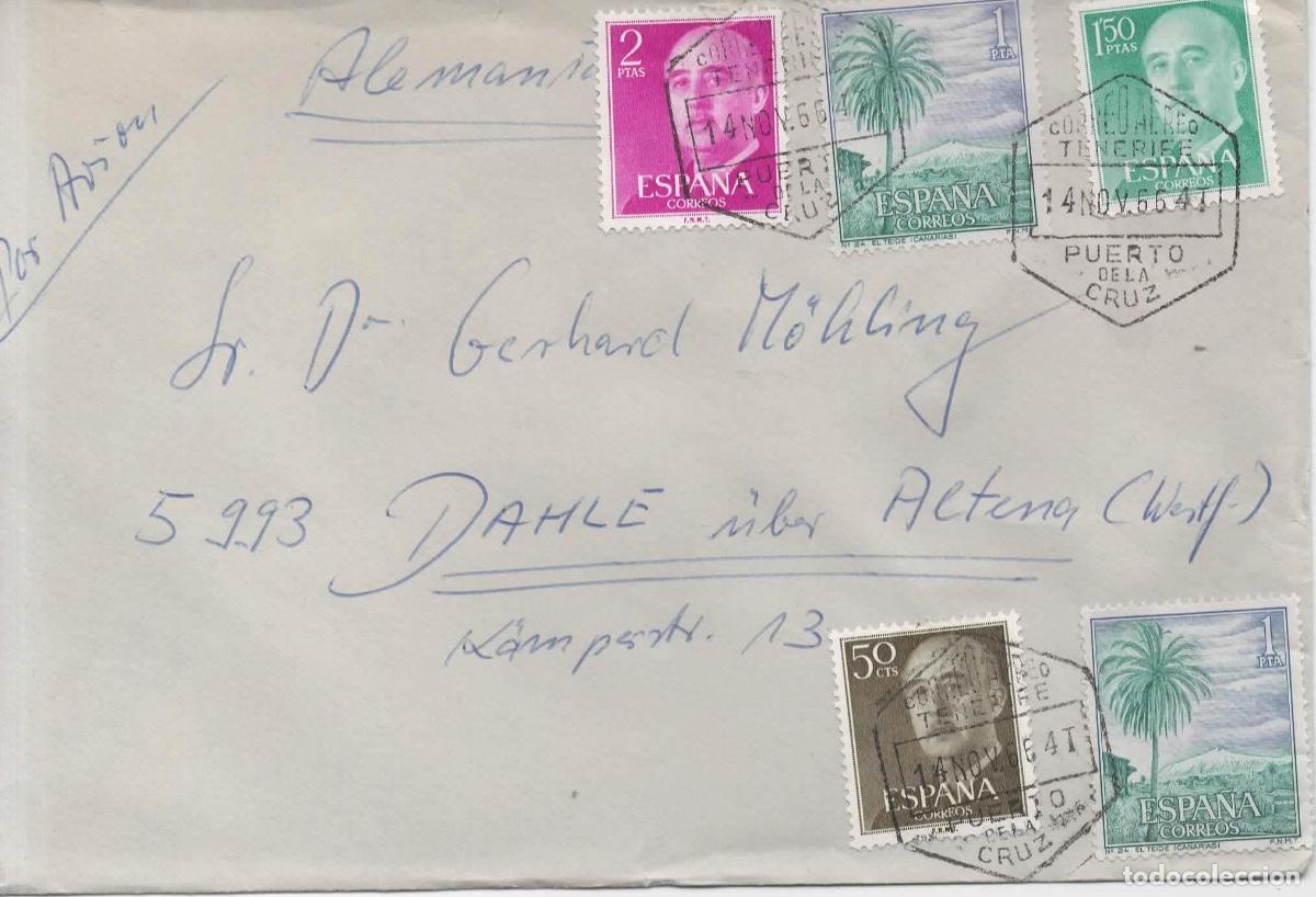 Sellos: PUERTO DE LA CRUZ TENERIFE CC MAT HEXAGONAL AEREO 1966 BASICA FRANCO