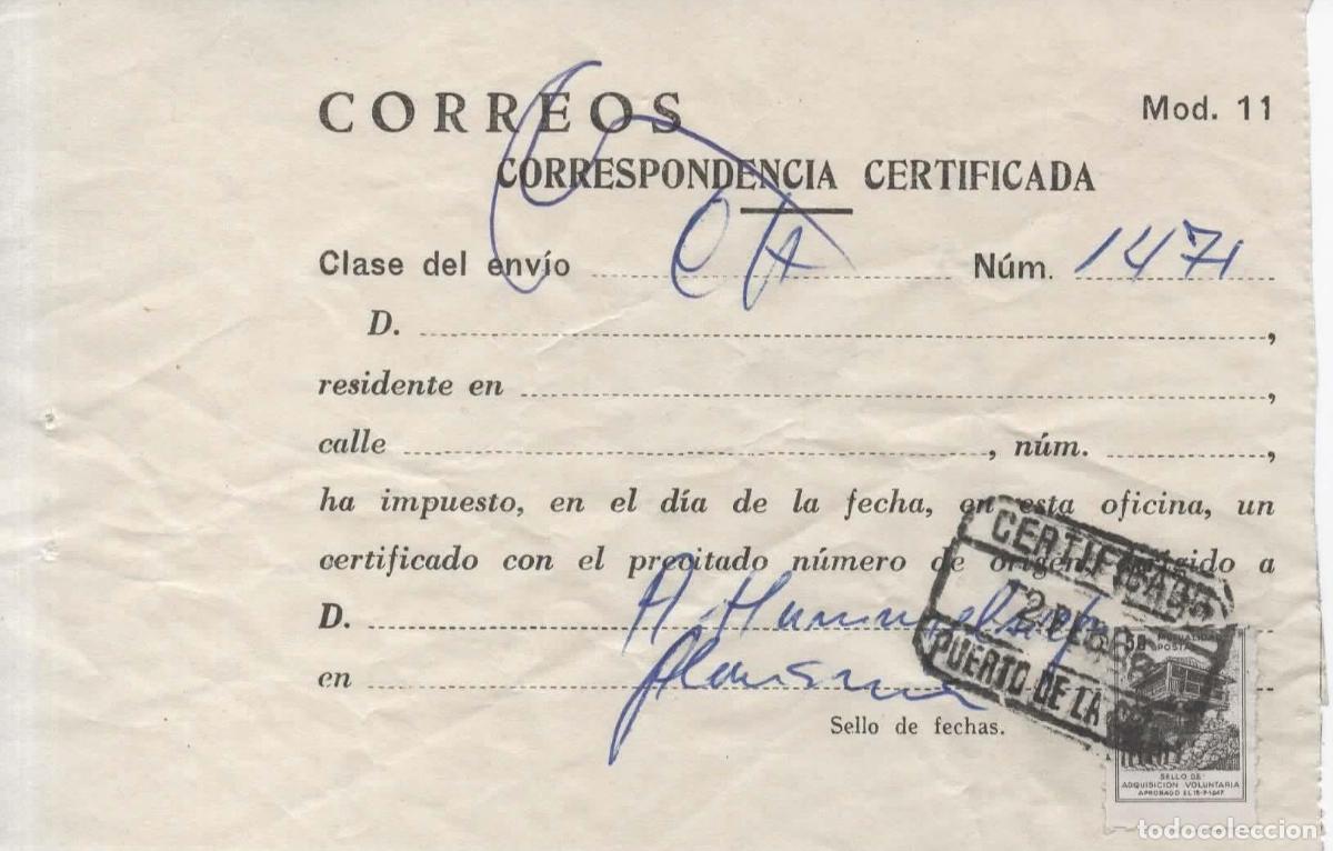 Sellos: PUERTO DE LA CRUZ TENERIFE RESGUARDO ENVIO CERTIFICADO 1966 VI&Ntilde;ETA MUTUALIDAD POSTAL HORREO