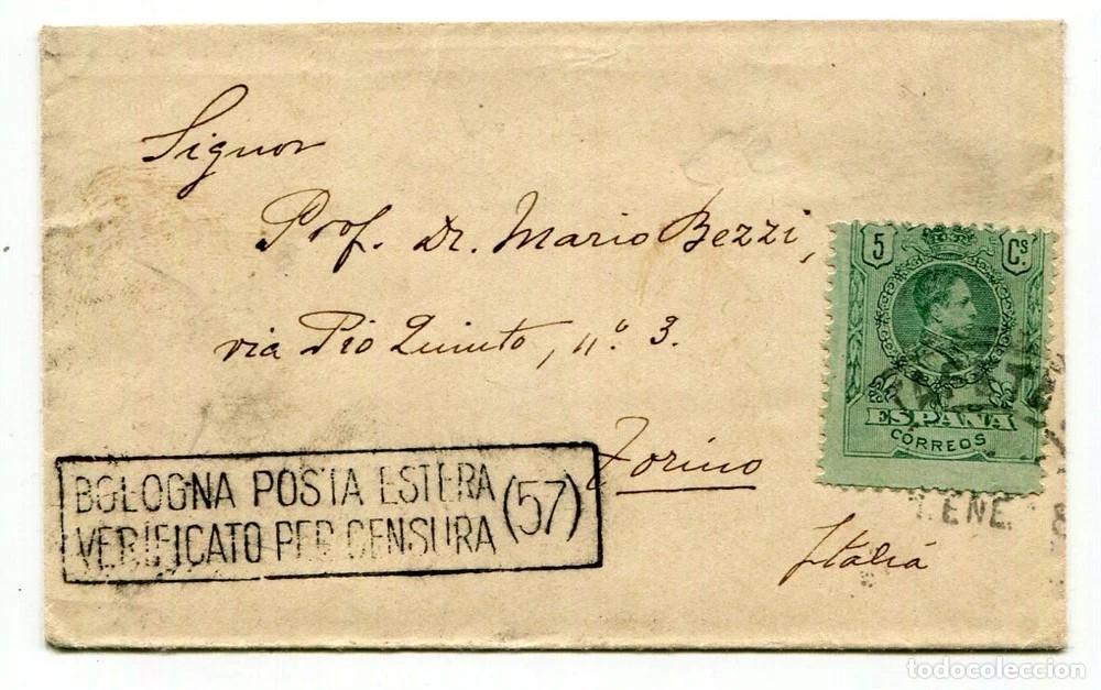 Sellos: SOBRE TARJETA DE VISITA A ITALIA ALFONSO XIII CON MARCAS DE CENSURA