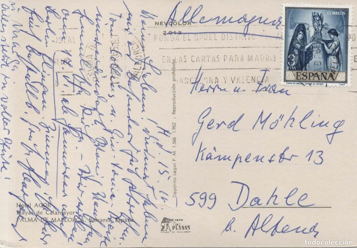 Sellos: TARJETA POSTAL PALMA DE MALLORCA A ALEMANIA SELLO ARTE PINTURA ROMERO DE TORRES