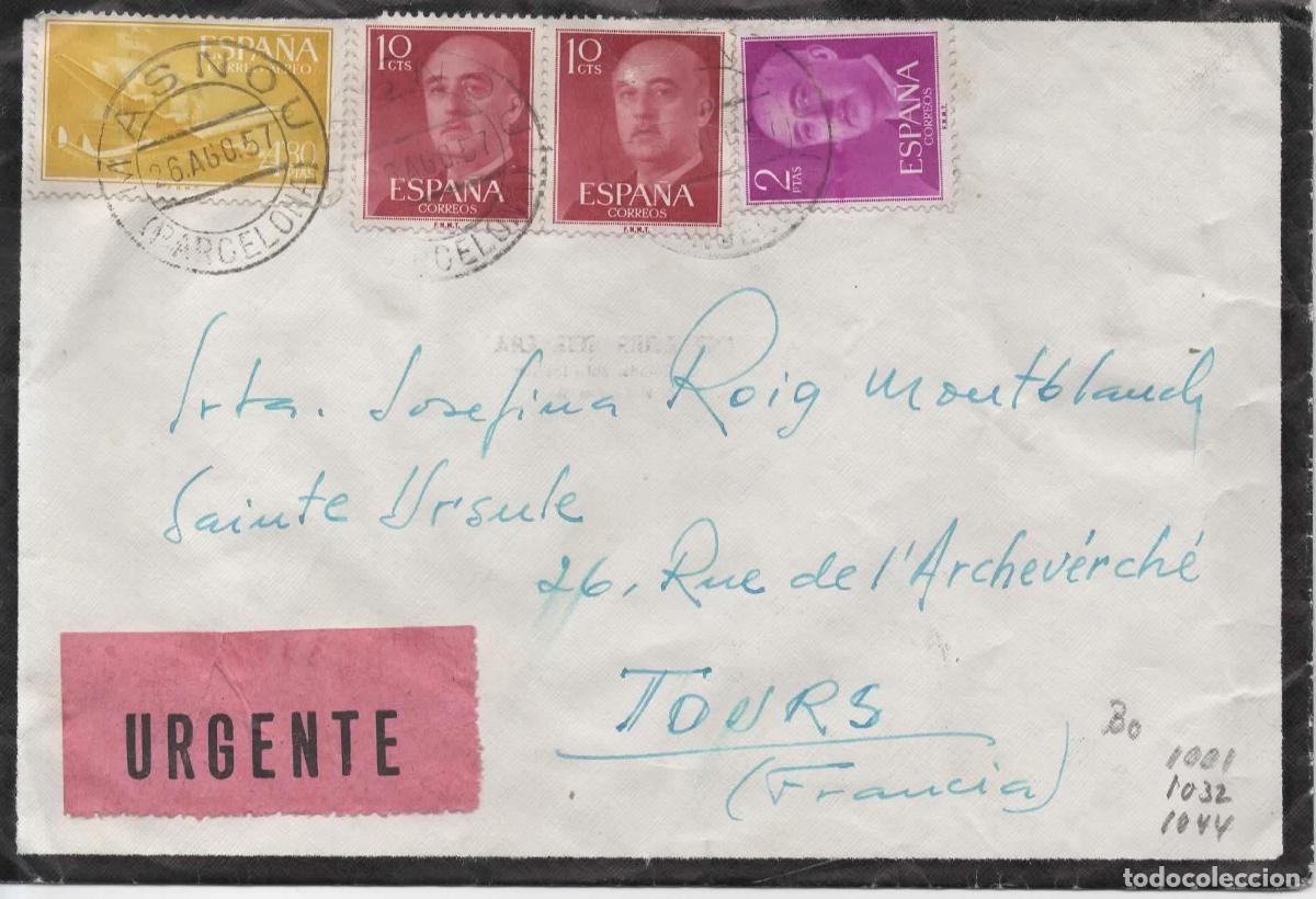 Sellos: MASNOU BARCELONA A TOURS FRANCIA 1957 URGENTE SELLOS BASICA Y AVION CARABELA