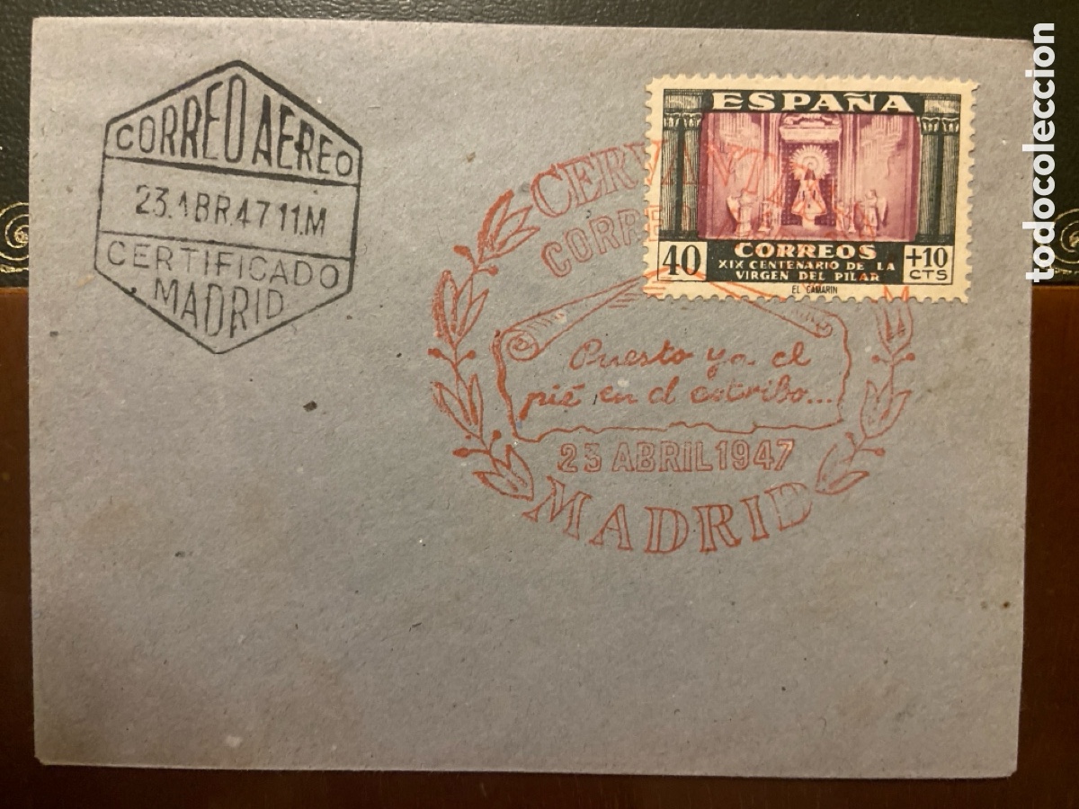 Sellos: MARCA POSTAL CERVANTES RUTA DEL QUIJOTE 23-04-47. CON MATASELLOS DE CORREO A&Eacute;REO.