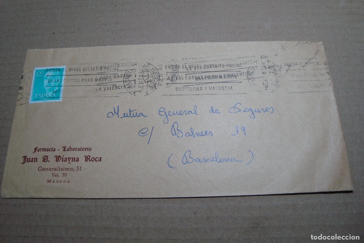 Sellos: ANTIGUO SOBRE COMERCIAL. FARMACIA LABORATORIO JUAN DIAYNA ROCA. MASNOU BARCELONA 1968.