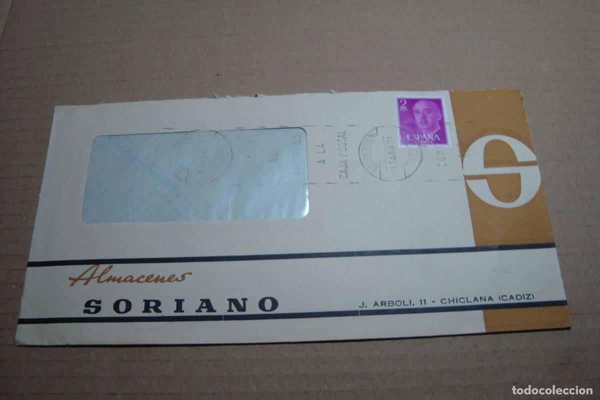 Sellos: ANTIGUO SOBRE COMERCIAL ALMACENES SORIANO CHICLANA CADIZ 1971.